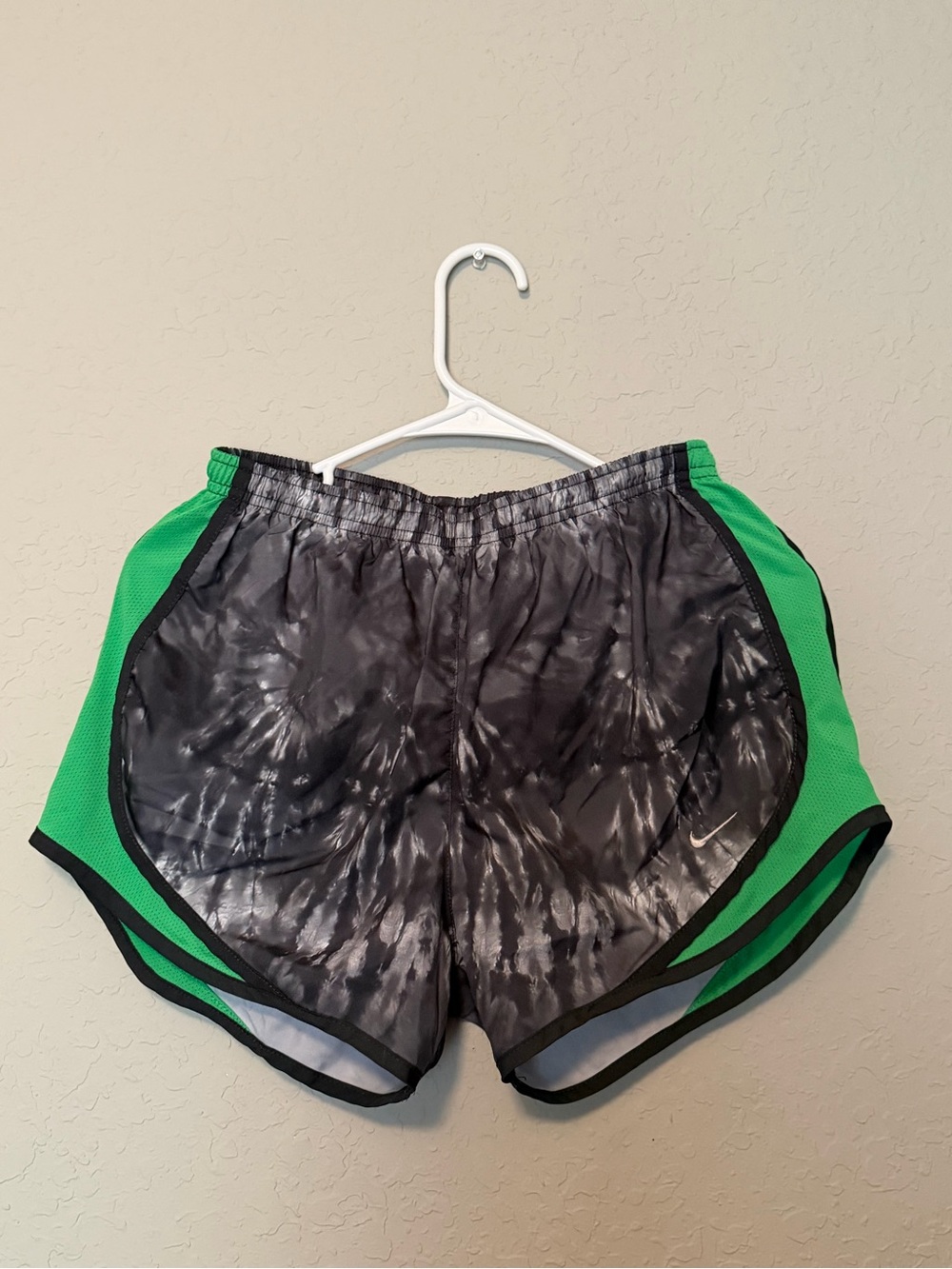 Nike Women’s Black Tie-Dye Athletic Shorts with Green Panels